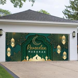 Ramadan Mubarak Garage Door Banner 6 x 13 FT, Islamic Muslim Large Yard Backdrop for Home and Outdoor Decorations (Green)