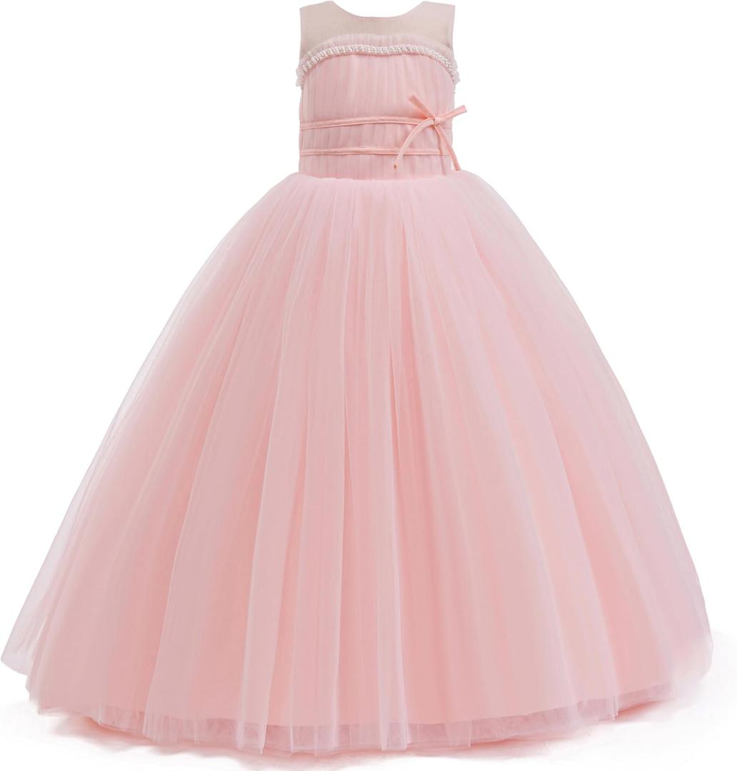 Flower Girls Tulle Wedding Dress A Line Long Formal Pageant Princess Birthday Party Ball Gown Bridesmaid Dresses (Pink)