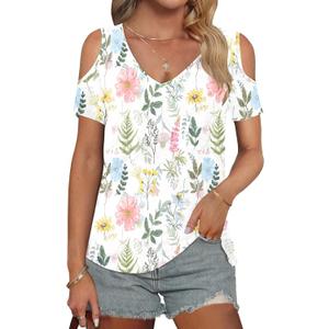 AUSELILY Womens Summer T Shirts Casual Ladies V Neck Tops Short Sleeve Cold Shoulder Loose Fit Blouse (S)