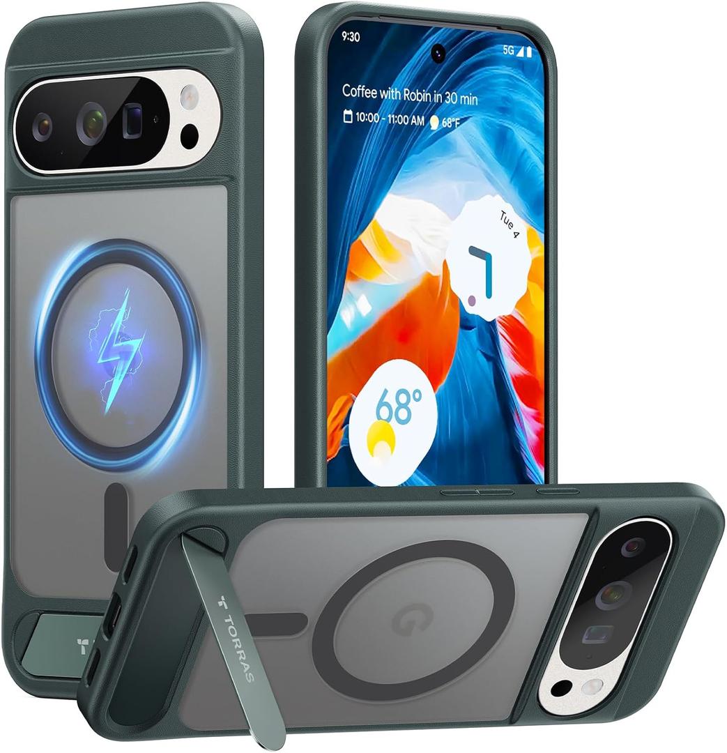 TORRAS Magnetic & Stand for Google Pixel 10 Pro XL Case, Fit for MagSafe & Pixelsnap, Military Grade Drop Protection, Slim for Pixel 10 Pro XL Phone Case with Sturdy Kickstand, Translucent Matte Green