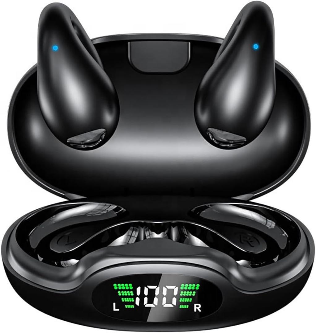 Running Headphones Ear Clip Bluetooth Headphones Open Ear Headphones Earclip Earbuds Wireless with Charging Case Small and Lightweight Ergonomic for Audio Reading Outdoor Work, Black