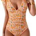 Aidonger Women's One Piece Ruffle Swimsuit Tummy Control Bathing Suit V Neck Shell Stitched Swim Suit Slimming Swimwear, Size Large 