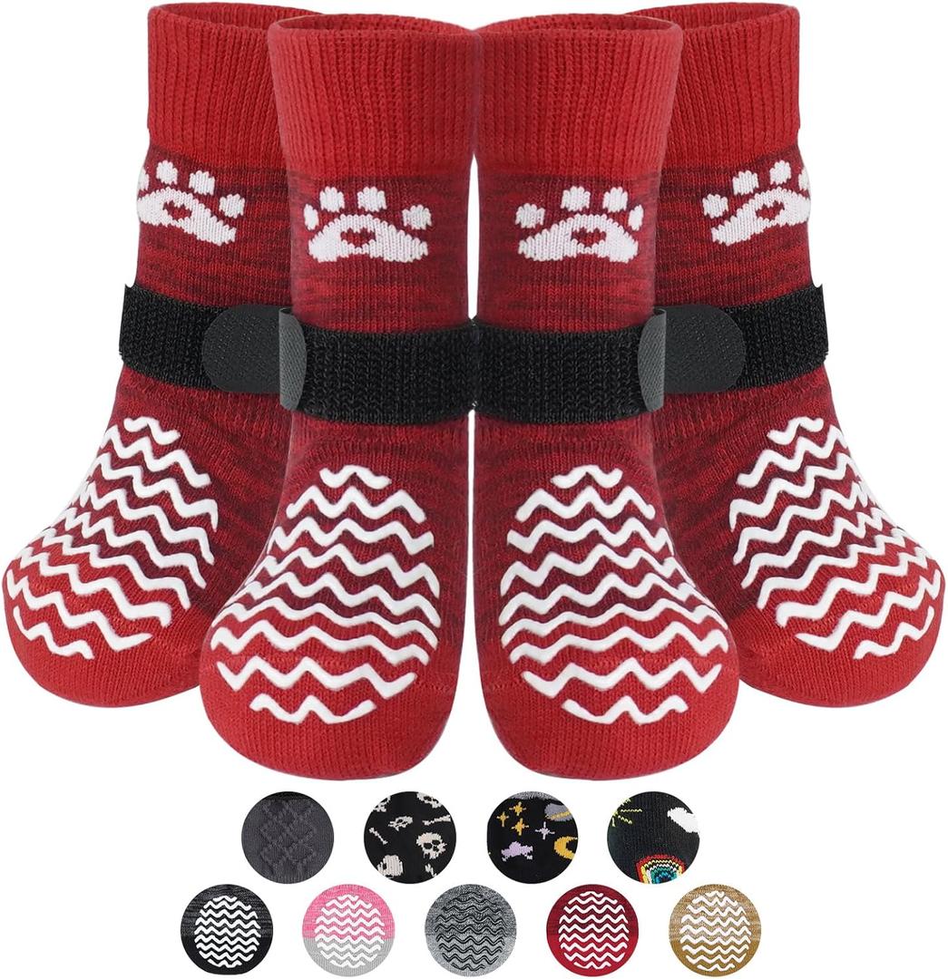 PUPTECK Anti Slip Dog Socks 2 Pairs with Double Grippers for Hardwood Floors, Shoes for Hot/Cold Pavement, Boots & Paws Protectors to Prevent Licking, Traction Booties for Senior Small Large Dogs (Red(Wave))