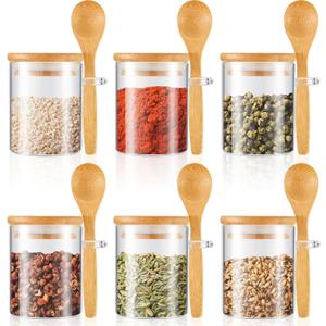 Tessco for you 6 Pack Sugar Jar Glass Container with Spoon Clear Glass Jars with Bamboo Lid and Spoon Scoop for Women Christmas Kitchen Gift Coffee Beans, Spice, Sugar, Nuts, Candy, Salts (6 oz)