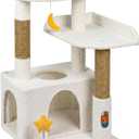 32In Cute Cat Tower for Indoor Cats with Cat Condo, Plush Platform, Hammock, Sisal Scratching Posts, Dangling Ball, Tall Cat Tree Tower with Self-Grooming Brush (Beige)
