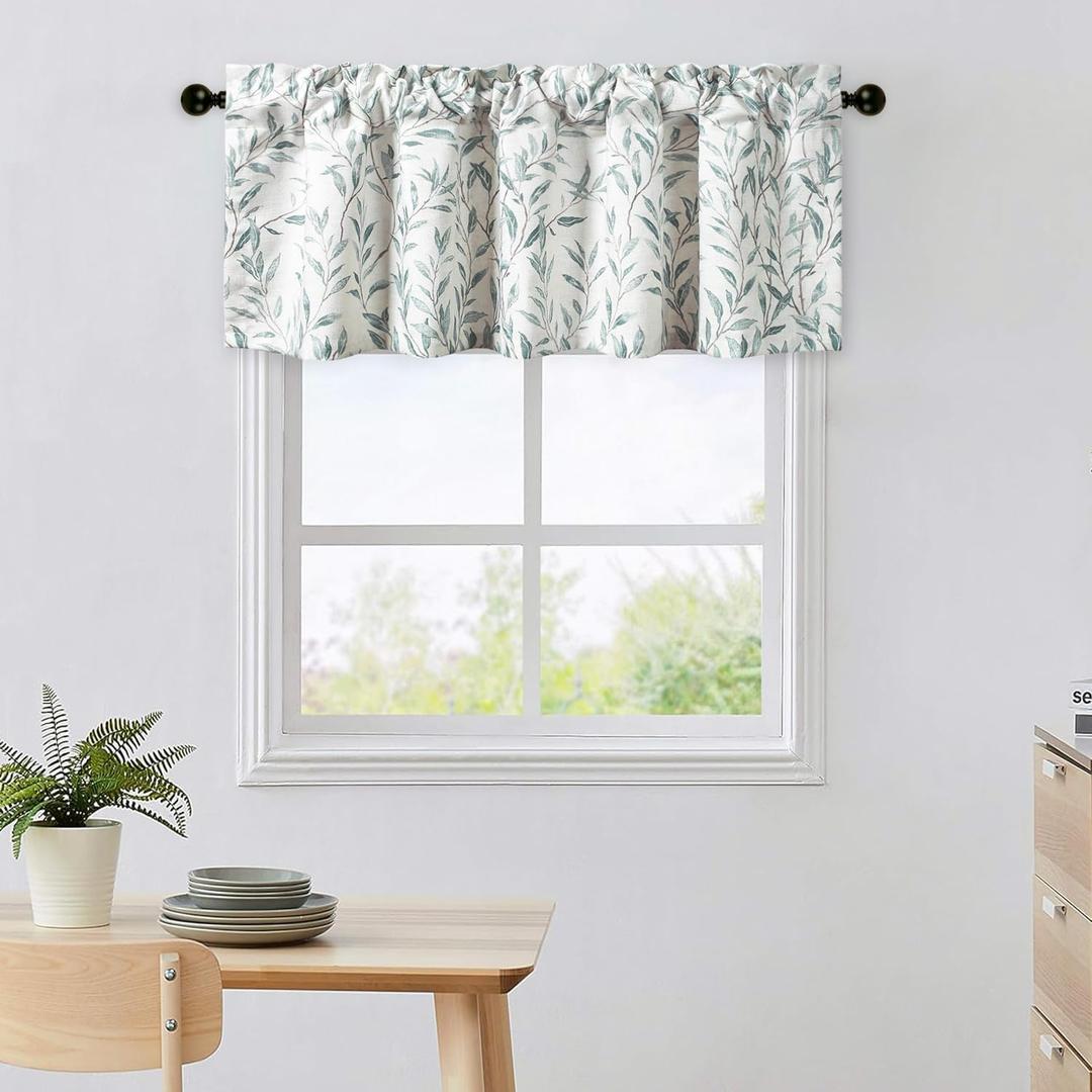 Leeva Farmhouse Leaves Print Semi-Blackout Curtains Valances - Rod Pocket Valance for Kitchen, Laundry, Bedroom & Living Room, 52 x 18 Inch, Blue, One Panel