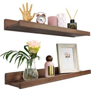Floating Shelves for Wall 24 inch, Waterproof, Wall Storage Shelves with Lip, Display Picture Ledge Shelf for Photo Frame, Natural Wood Hanging Book Shelves (American Walnut, Set 2) (24in set 2)