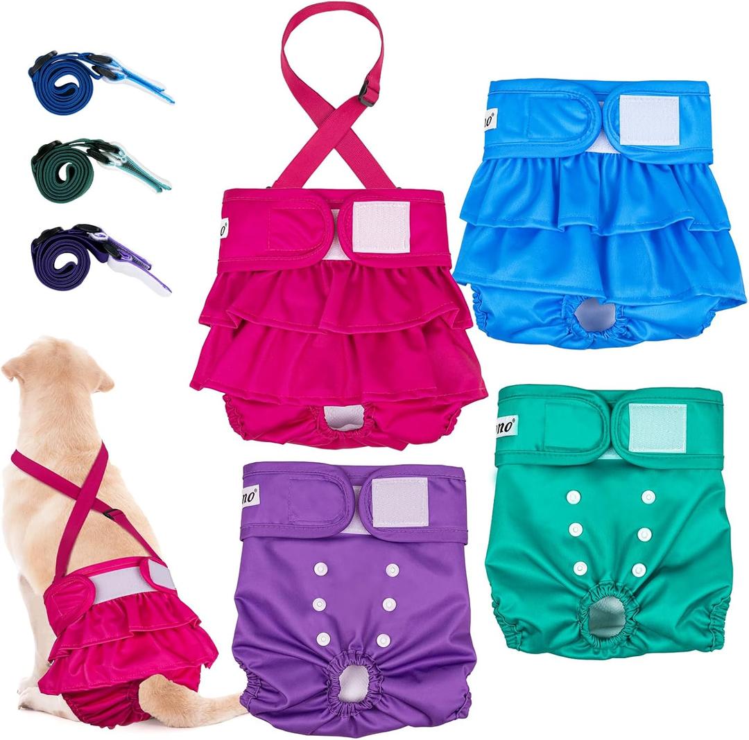 Dono Washable Female Dog Diapers with Suspenders 4 Pack, Reusable Highly Absorbent Dog Period Diapers, Puppy Diapers with Fur-Safe Fasteners, Leak-Proof Doggie Panties for Heat, X-Small