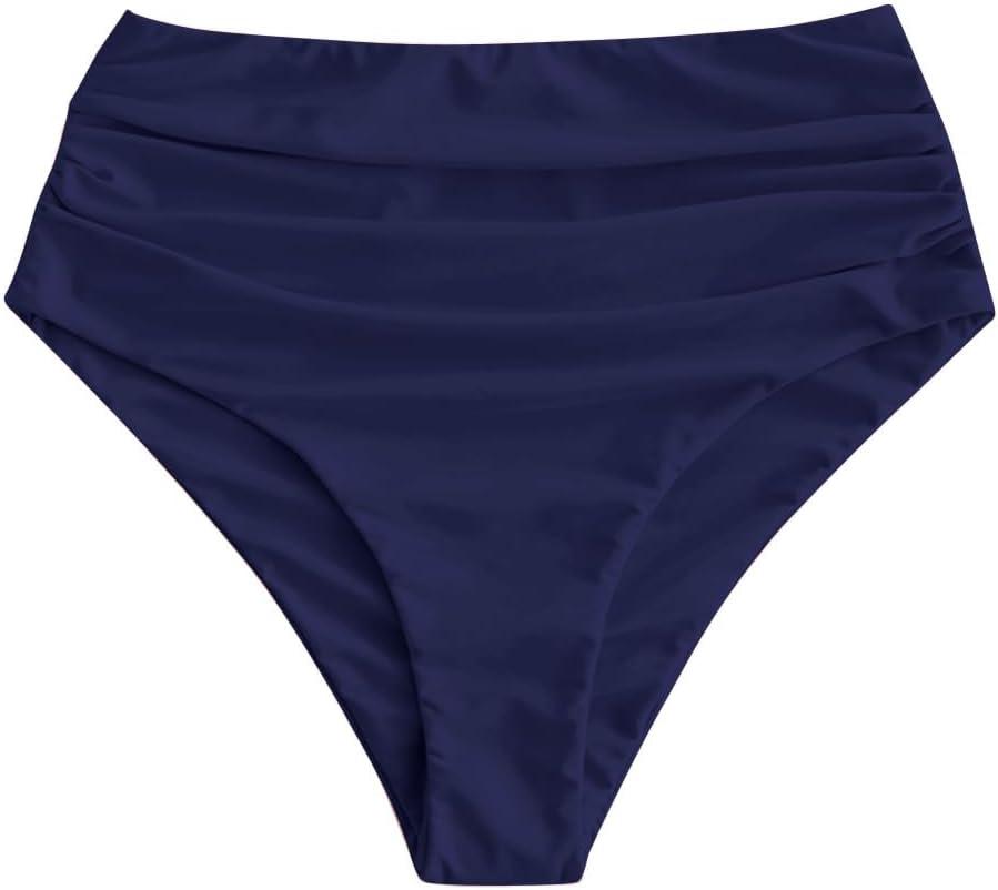 ZAFUL Women High Waisted Bikini Bottoms Ruched Swimsuit Bottom Tummy Control Bathing Suit Bottoms (M, Navy Blue)