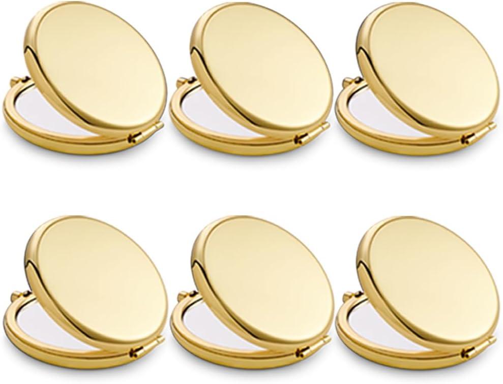 Compact Mirror, Pocket Travel Makeup Mirror for Purse, Metal Round Shell, 2-Sided 1X/2X Magnifying, Portable, Folding, Handheld, Gold, 6 Pack