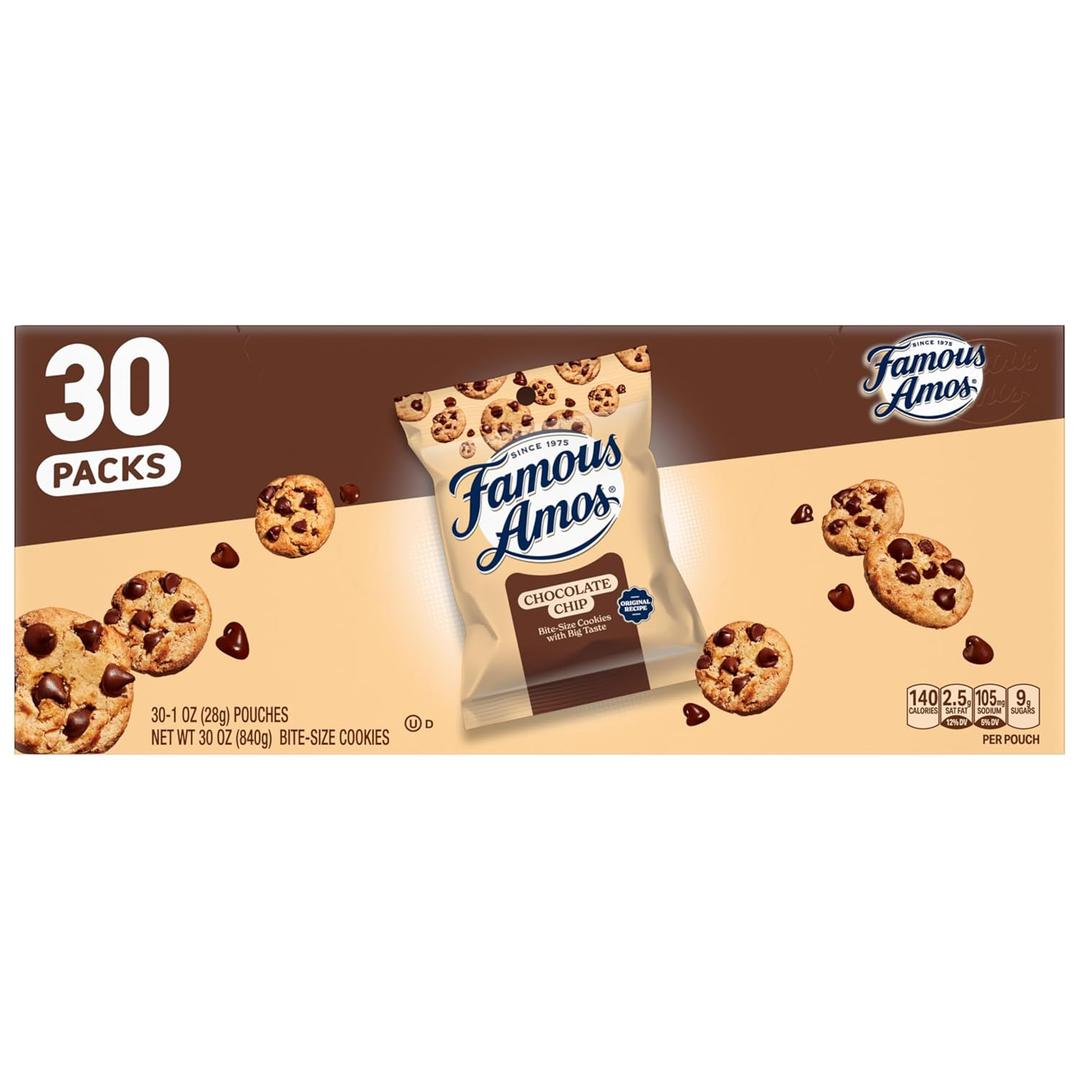 Famous Amos Original Recipe Chocolate Chip Bite-Size Cookies, 30 Pack Box, 30 oz (EXP 12/07/26)
