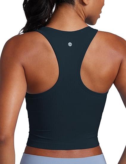 CRZ YOGA Seamless Ribbed High Neck Crop Tank Tops for Women - Longline Racerback Padded Sports Bras True Navy Small