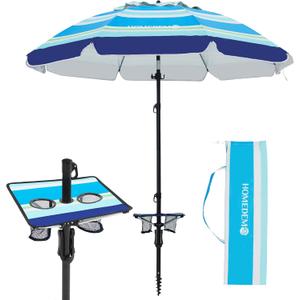HOMEDEMO 7ft Beach Umbrellas For Sand Heavy Duty Wind, Portable Beach Umbrella UPF 50+ Windproof Outdoor Beach Umbrella with Sand Anchor, Tilt Pole, Carry Bag, Table Tray, Vent and Hook (Blue green white)