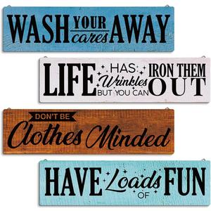 4 Pcs Laundry Room Decors, Four Pieces Hanging Wall Plaques, Funny Laundry Room Wall Art, Farmhouse Laudry Quotes Sign, Wall Decor Art, Wash Away - Life Out - Clothes Minded - Have Loads of Fun Sign C
