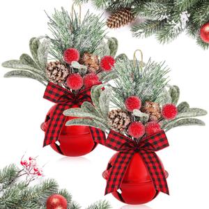 2 x Leyndo Christmas Sleigh Bells Mistletoe Bell Ornament with Pine Cones Berry Plaid Bow Metal Hanging Decoration for Home Christmas Tree Party Gift (Red, 2 Pcs)