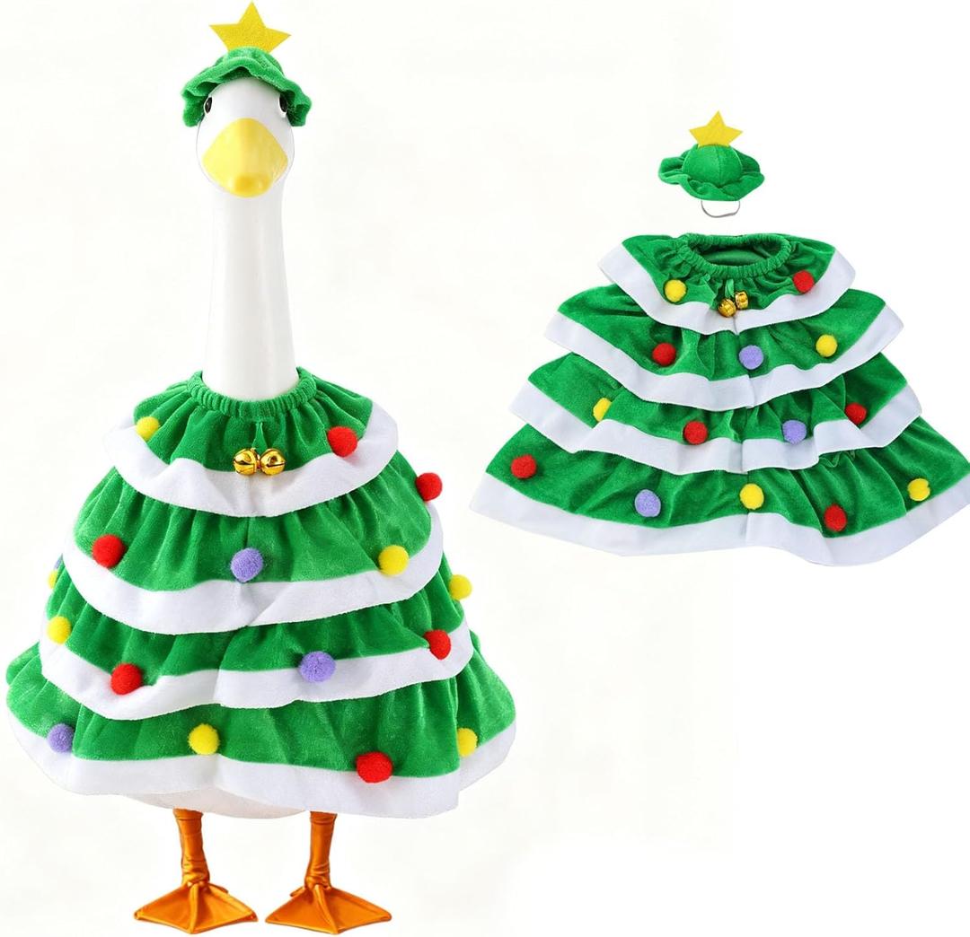 Christmas Porch Goose Outfit Holiday Costume with Green Tree Skirt and Santa Hat for 23" High Concrete Goose Clothes Outdoor Garden Statue Decor Accessories (Xmas06)