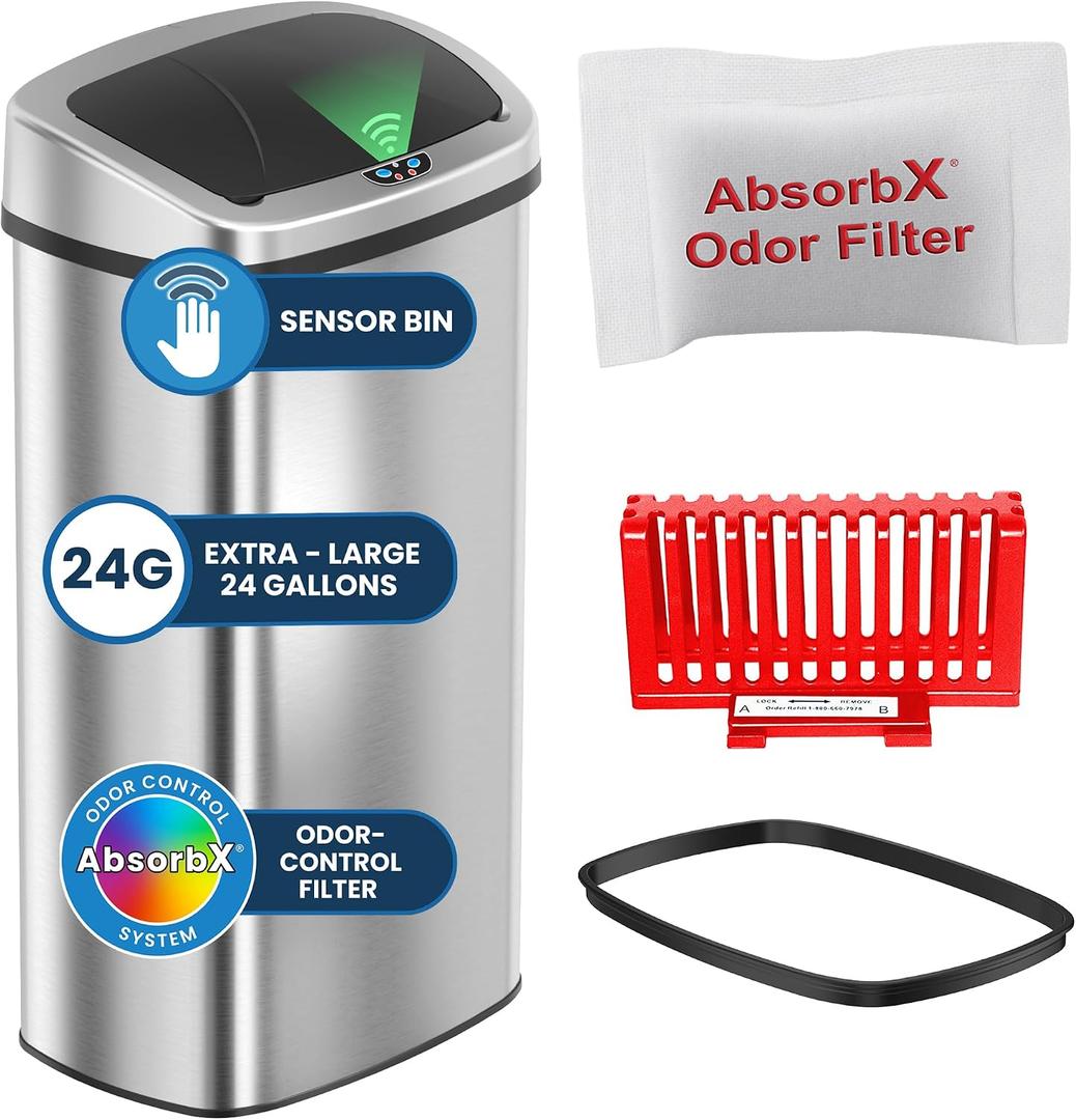iTouchless 24 Gallon Extra Large Touchless Sensor Trash Can with AbsorbX Odor Filter, 91L Commercial Stainless Steel Automatic Kitchen Bin for Home, Office, Restaurant, Commercial Lobby, Store