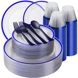 Beststar 350PCS Blue and Clear Plastic Dinnerware Sets for 50 Guests, Include 100 Blue Disposable Plates, 100 Forks, 50 Knives, 50 Spoons, 50 Cups,christmas party supplies