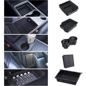 Center Console Organizer Tray 5PCS for Tesla Model Y Accessories 2024 2023 2022 2021 2020, Armrest Storage Tray and Hidden Storage Box, Cup Holder Insert, Under Seat Storage Box (Full-Black)