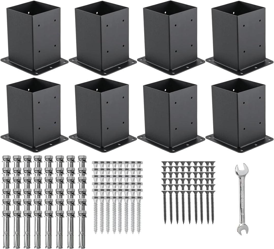 4x4 Post Base 8 Pcs, (Inner Size 3.6x3.6) Post Anchors, 13GA Thick Solid Steel & Black Powder Coated,Deck Post Brackets Support Deck Base Plate Pergola Brackets Fence Kit Mailbox Mount