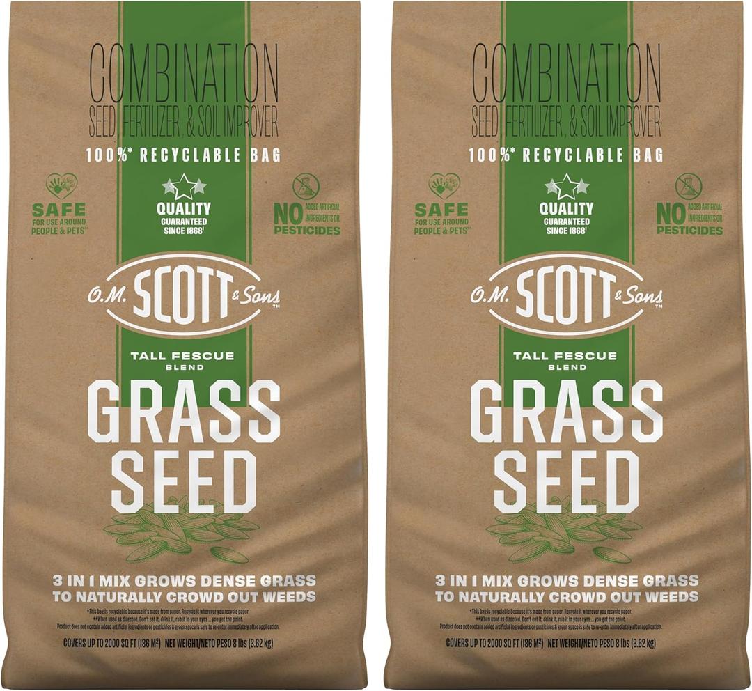 O.M. Scott and Sons Tall Fescue Blend Grass Seed - Lawn Seed, Fertilizer and Soil Improver, Naturally Crowds Out Weeds, Covers Up to 2,000 sq. ft., 8 lb. (2-Pack)