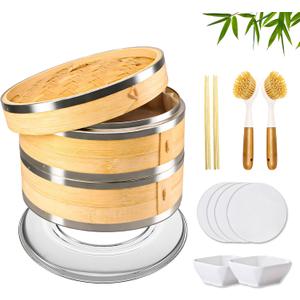Bamboo Steamer Basket 10 Inch 2 Tier Set for Cooking | Dumpling Steamer Basket for Dim Sum, Bao Buns, Momos, Rice & Vegetables | Natural Bamboo Steamers with Liners & Accessories