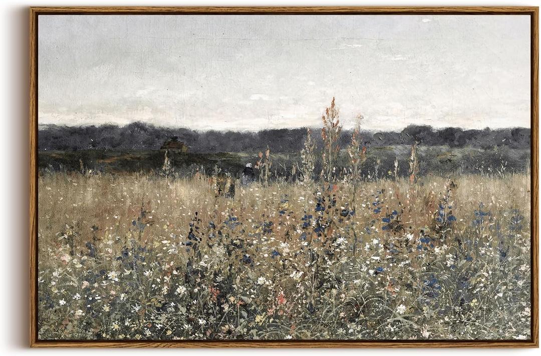 InSimSea Framed Canvas Wall Art Vintage Decor, Large Wall Art, Meadow with Flowers Landscape Wall Art Prints, Modern Farmhouse Cottagecore Bedroom Bathroom Office Decoration, 20"x30" (Champ Fleuri)