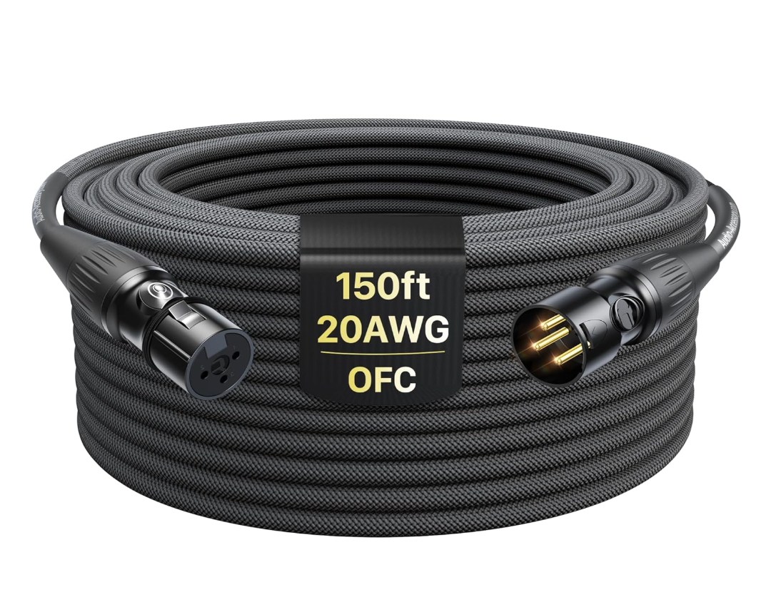 XLR Cables 150ft 1 Pack, Professional Gold-Plated Rean Connectors from Neutrik, Kevlar-Reinforced Nylon Braided Microphone Cable, Mic Cable, Durable Shielded and Balanced XLR Male to Female Cord