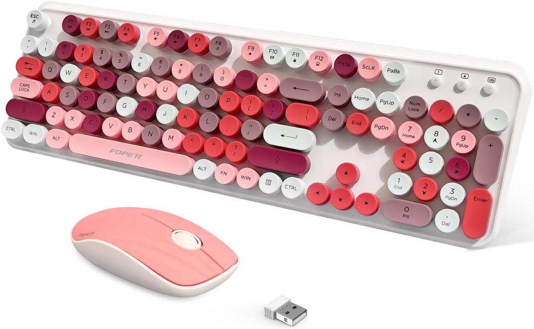 FOPETT 2.4GHz Wireless Keyboard and Mouse Set with Switch Button  FullSize Keyboard  Compatible for Windows/Laptop/PC/Notebook/Smart TV and More  White Colorful