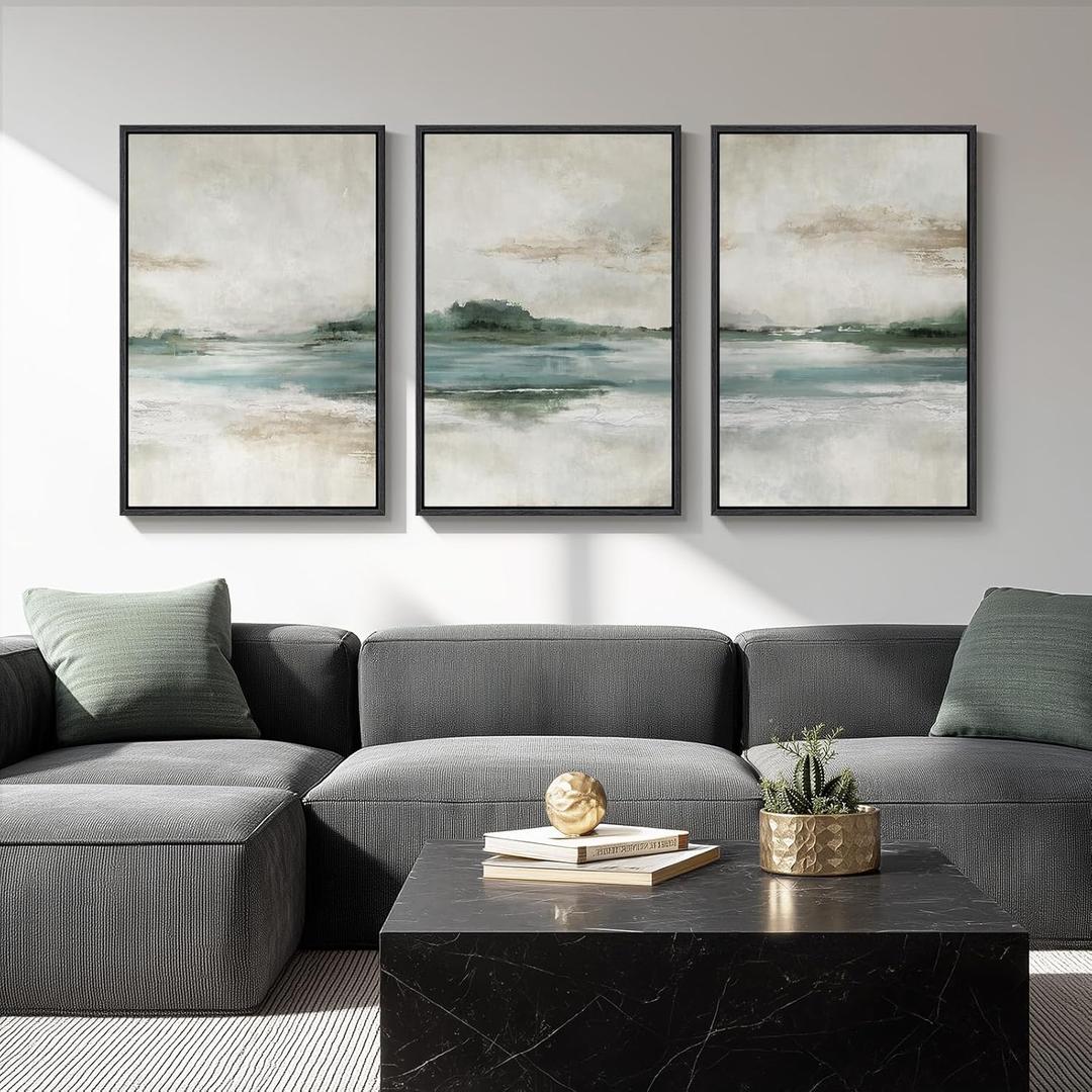 Large Framed Abstract Nature Landscape Wall Art for Living Room, Set of 3 Modern Canvas Prints Paintings Artwork for Walls, Green Lake Pictures for Hallway, Dining Room, Office Wall Decor 24x36 Inch