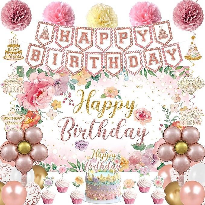 Holkcog Flower Birthfday Party Decorations for Girl, Pink Florals Ballons Banner Background, Cake Tppper, Garden Tea Party Banner Supply, Rose Gold 16th 21st 30th 40th 50th 60th 70th Party Decor