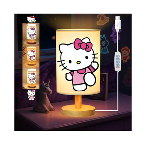 Kitty Bedside Table Lamp for Bedroom Nightstand, Gifts for Girls - 3 Colors Dimmable Night Stand Light Lamp for Kids Room, Wood Base Round Flaxen Fabric Shade Desk Reading Lamp for Living Room Office