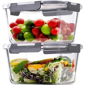 Hontent 2 Pack Large Glass Storage Containers with Lids 85oz/10.5cup Big Airtight Glass Food Storage Containers for Rotisserie Chicken Watermelon Meal Prep, BPA Free, Freezer Dishwasher Oven Safe (gray)