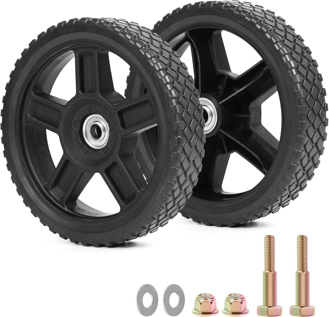 8 Inch Lawn Mower Wheels Kits Universal 8" Push Mower Wheels with 1/2" Bearing, Bolts & Nuts, Plastic Replacement Tires for Most Standard Garden Tiller, Pressure Washer, Handtruck, 2 Pack