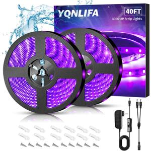 Waterproof 40Ft Black Light Strip, IP65 Black Light Fixtures Kit, 720 LED Strip with 12V Power Supply for Outdoor Indoor Halloween Glow Neon Party Resin Curing Display Cabinet Posters Boat