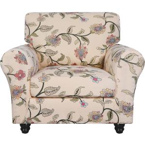 SearchI Stretch Sofa Cover Printed Couch Covers, Floral Pattern 2 Piece Armchair Slipcover with Separate Chair Cushion Cover, Washable Furniture Protector for Living Room(Armchair, Yellow+Flower) (Small)