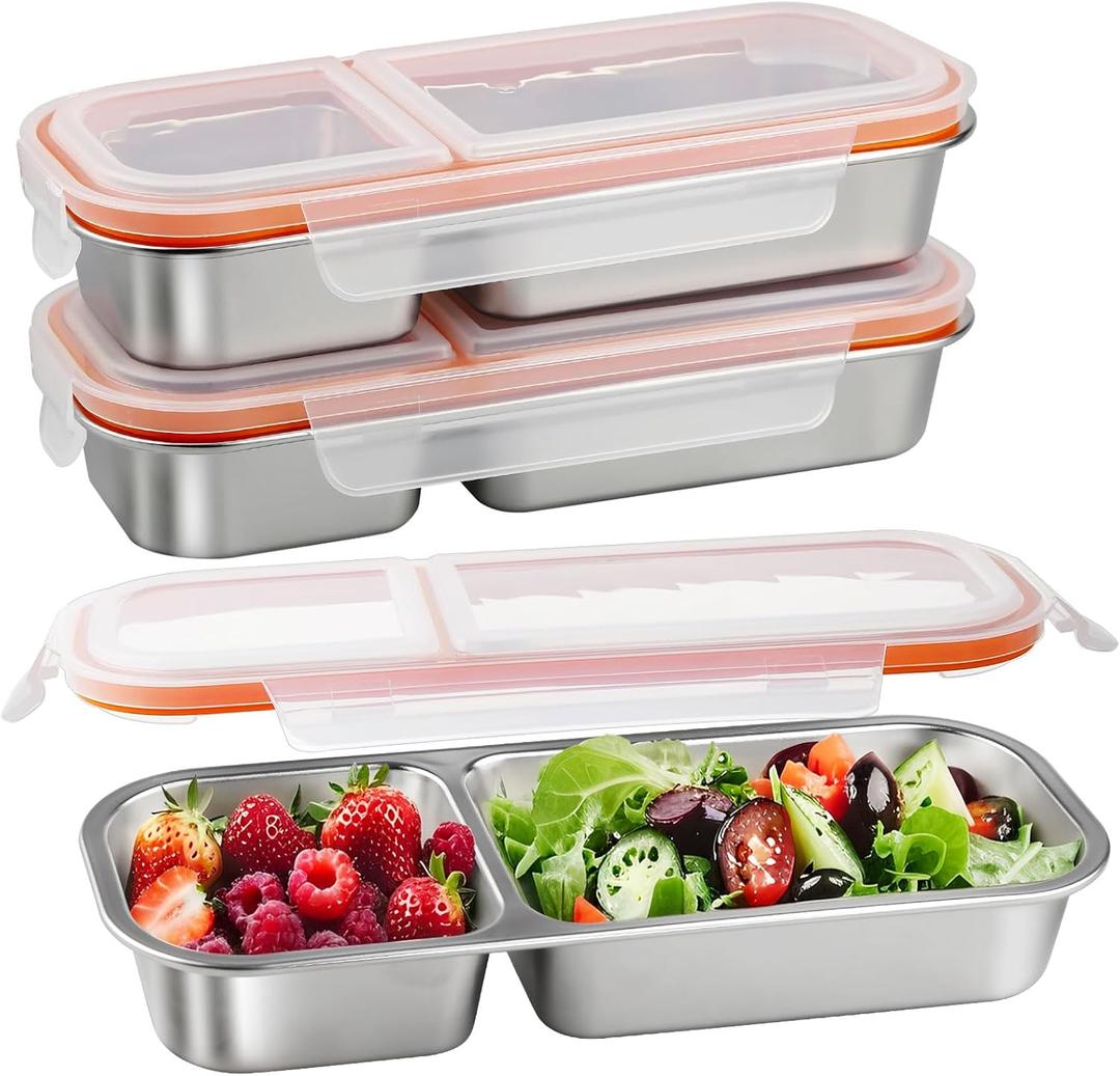Greentainer 3 Pack Stainless Steel Snack Containers with Lids, Leakproof Lunch Box Containers, Reusable 2 Compartment Snackle Box, Grab and Go lunchable container for Travel