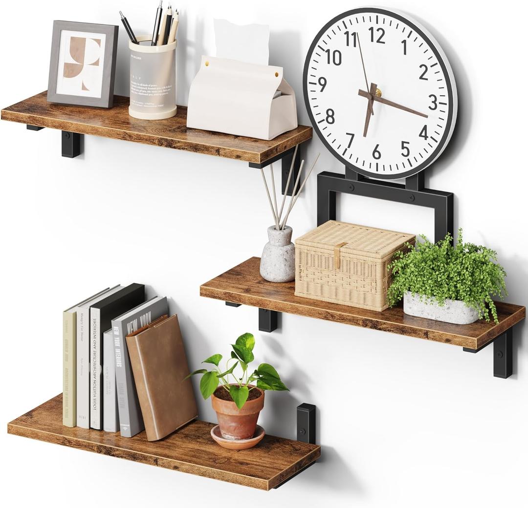 Floating Shelves for Wall, 15" Wall Shelves Set of 3 Wood Floating Shelf for Home Decor, Mounted Display for Living Room, Bedroom, Bathroom, Kitchen (Rustic Brown)