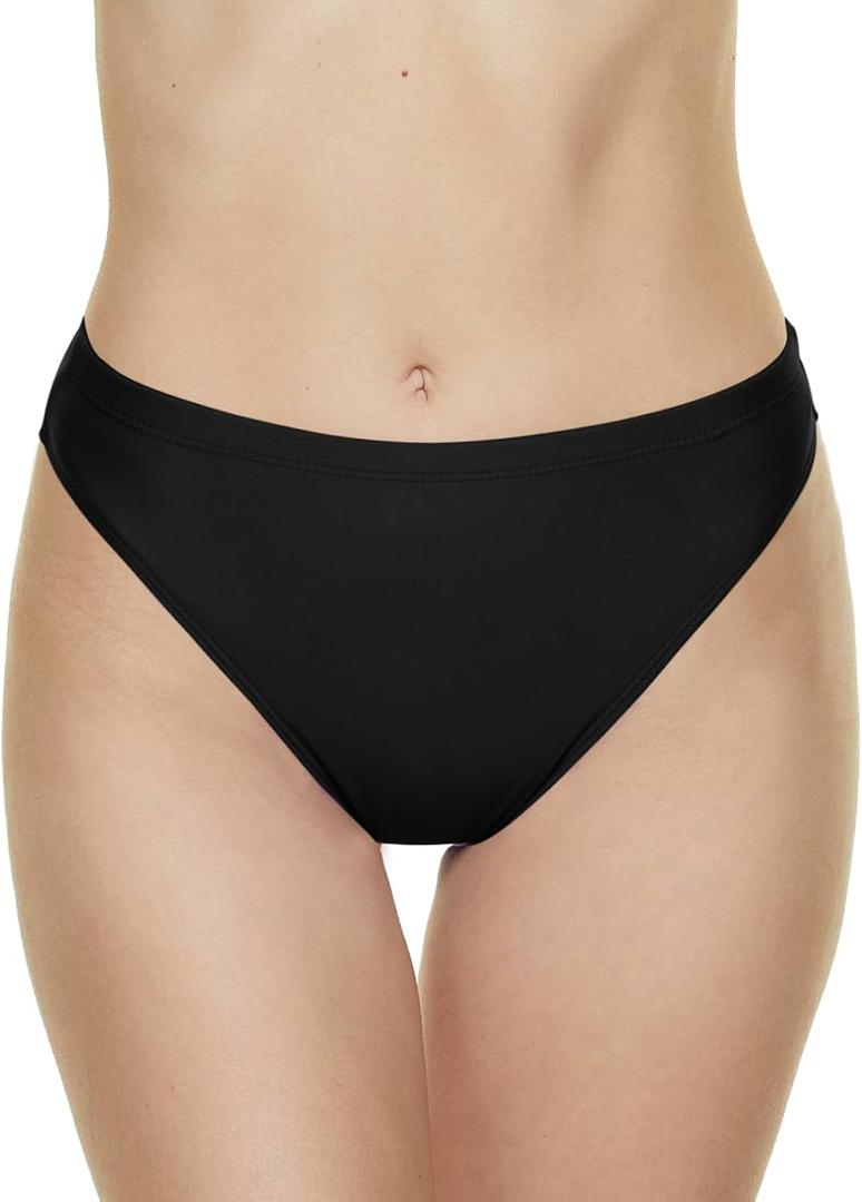 Annbon Women's High Cut Bikini Bottoms Mid Rise Tankini Swimsuit Bottom (Large, Black)