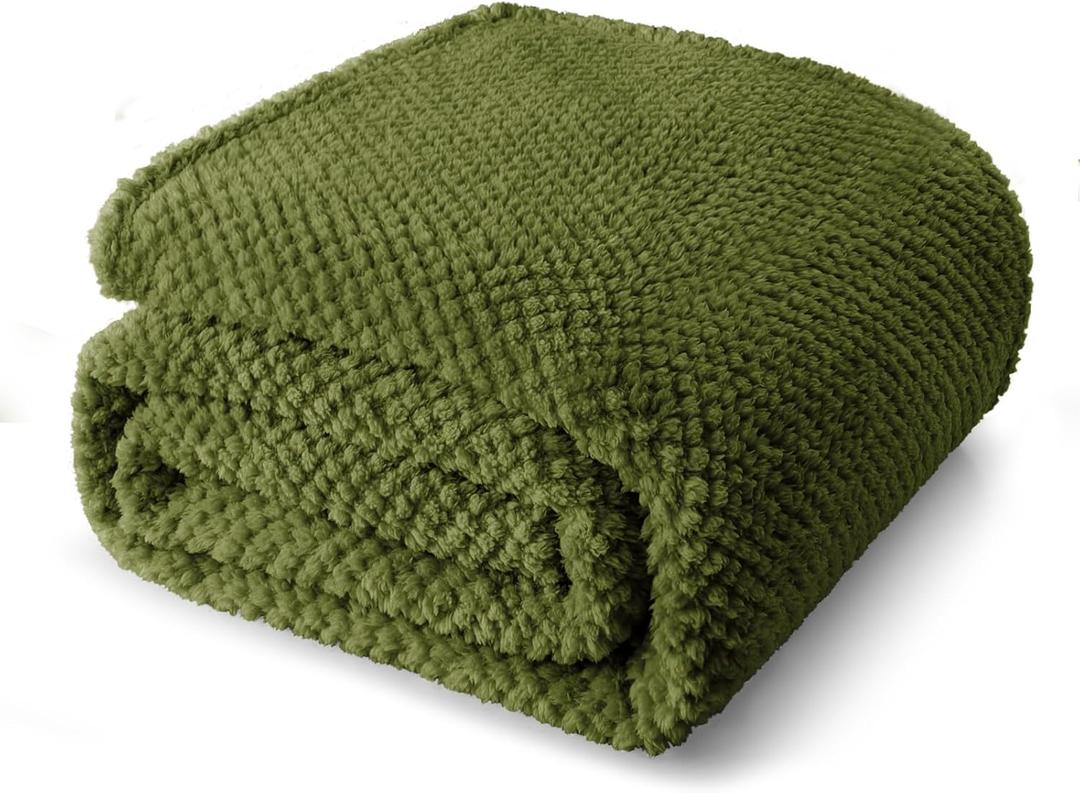 Whale Flotilla Twin Size Fuzzy Fleece Blanket, Fluffy Warm Soft Jacquard Bed Blankets for All Season, Lightweight and Cozy, 60x80 Inch, Olive