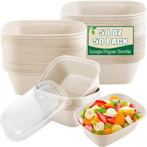 50 Pack Large Paper Bowls with Lids, 50 OZ Paper Take Out Food Containers, Heavy Duty Disposable Bowls Bulk for Hot/Cold Use, Leakproof and Microwave Safe for Hot/Cold Use