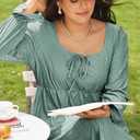 AlvaQ Plus Size Dresses for Women Square Neck Long Sleeve Dress Embroidery Eyelet A Line Sundress with Pockets L-4X (Green, XXL)