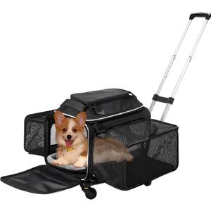 Airline Approved Top-Expanding Pet Carrier on Wheels- Extra Spacious Soft Lined Carrier! 18x11x11 (Black, Expanding Sides)