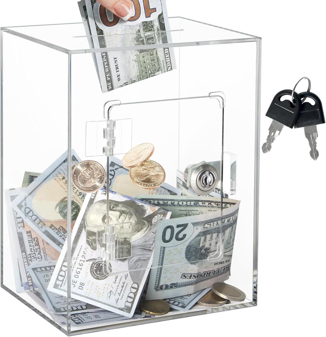 Clear Acrylic Piggy Bank with Lock and Key for Kids Adults, Openable Money Saving Box for Cash Coins Real Money (Clear)