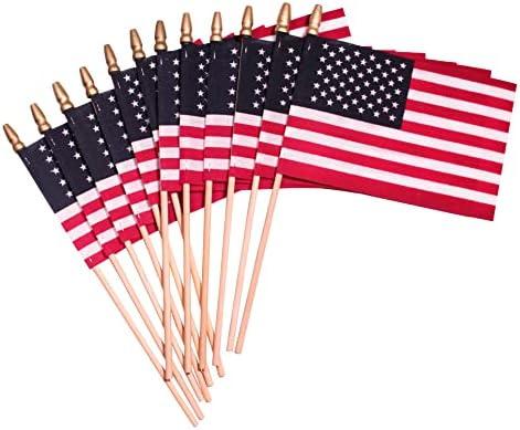 TUTARE 50 American Flags on Stick - Handheld Spearhead US Flag for 4th of July, Memorial Day Event Decorations - Patriotic Decor for Indoors & Yard - Wooden Stick, Cotton Fabric (4"X6" - 12 Pack)