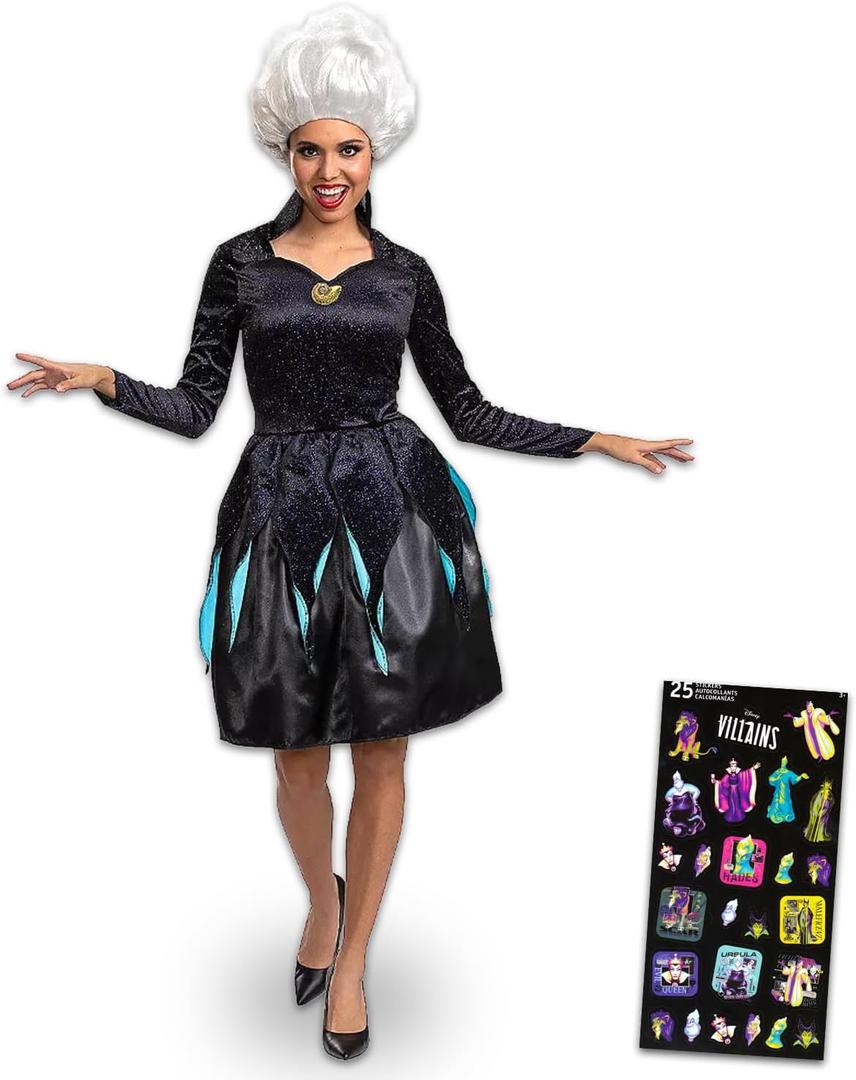 Disney Little Mermaid Ursula Costume for Women - Bundle with Ursula Dress with Matching Wig Plus Stickers | Little Mermaid Size Medium Halloween Costume for Adult Women