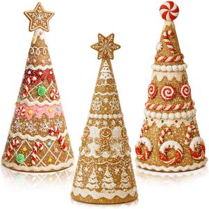 3 Pack Gingerbread Christmas Tree Figurines Christmas Tabletop Decorations Resin Gingerbread Cone Tree Decor Figurines for Xmas Home Centerpieces Tiered Tray Ornament Gifts