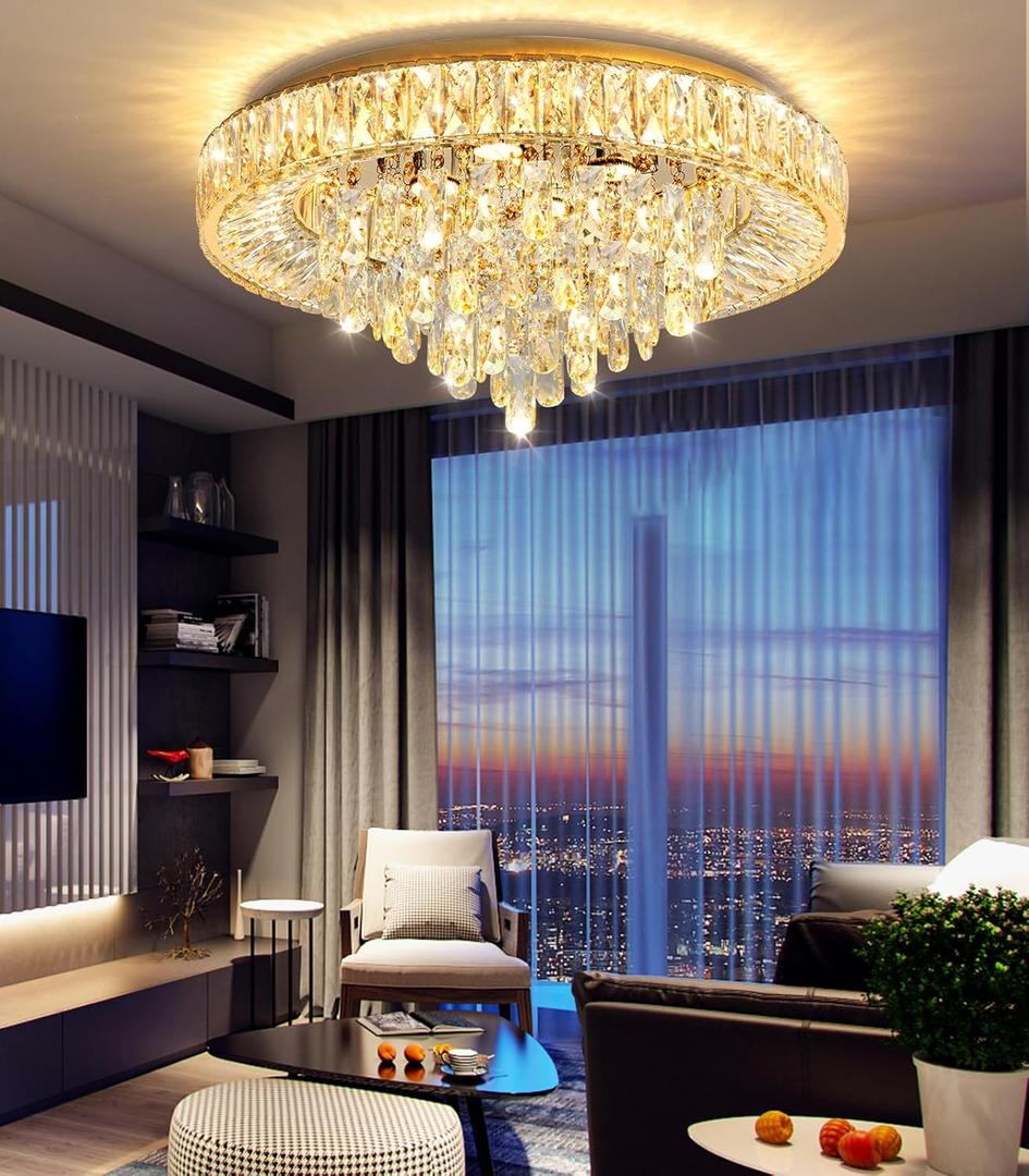 23.6" Modern Crystal Chandeliers LED Dimmable Flush Mount Ceiling Chandeliers for Living Room Entrance Foyer Bedroom Gold