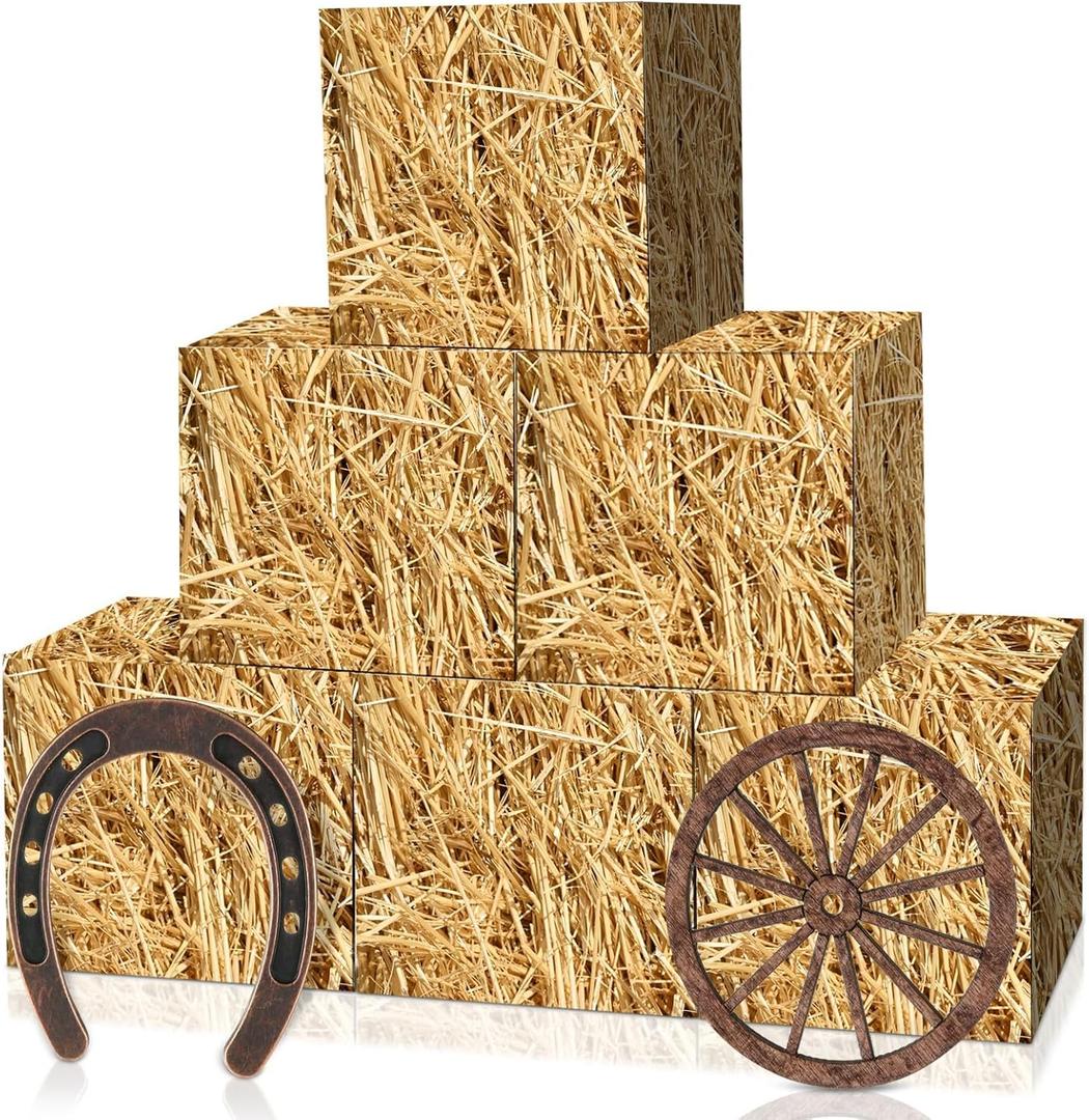 YLOLUL 6 Pcs Hay Bales Boxes Large Decor with Wooden Wagon Wheels and Horseshoe Western Cowboy Party Rodeo Decorations Western Photo Booth Props for Western Cowboy Party Birthday Farm Favors Supplies (Straw)