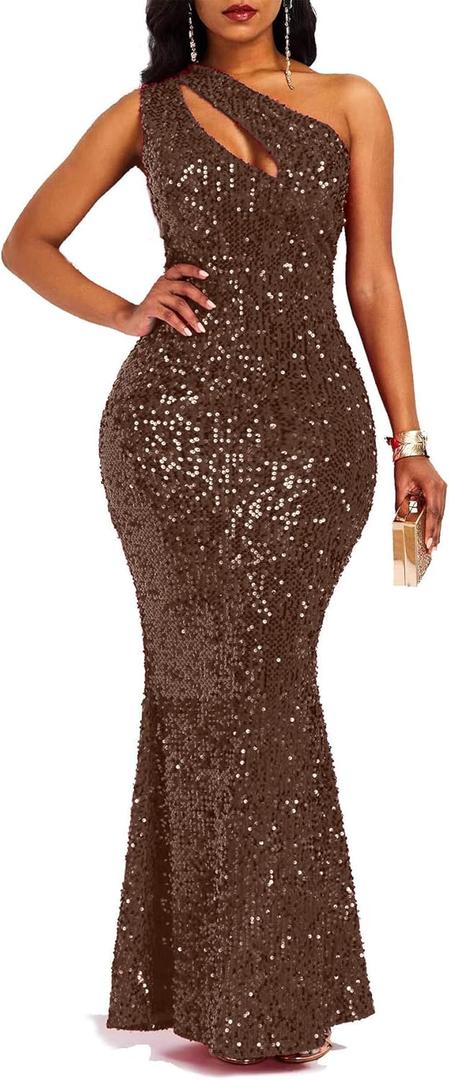 VERWIN Sequins Fashion Sleeveless Oblique Collar Mermaid Women's Maxi Dress Bodycon Dress Party Dress (Large, Brown)